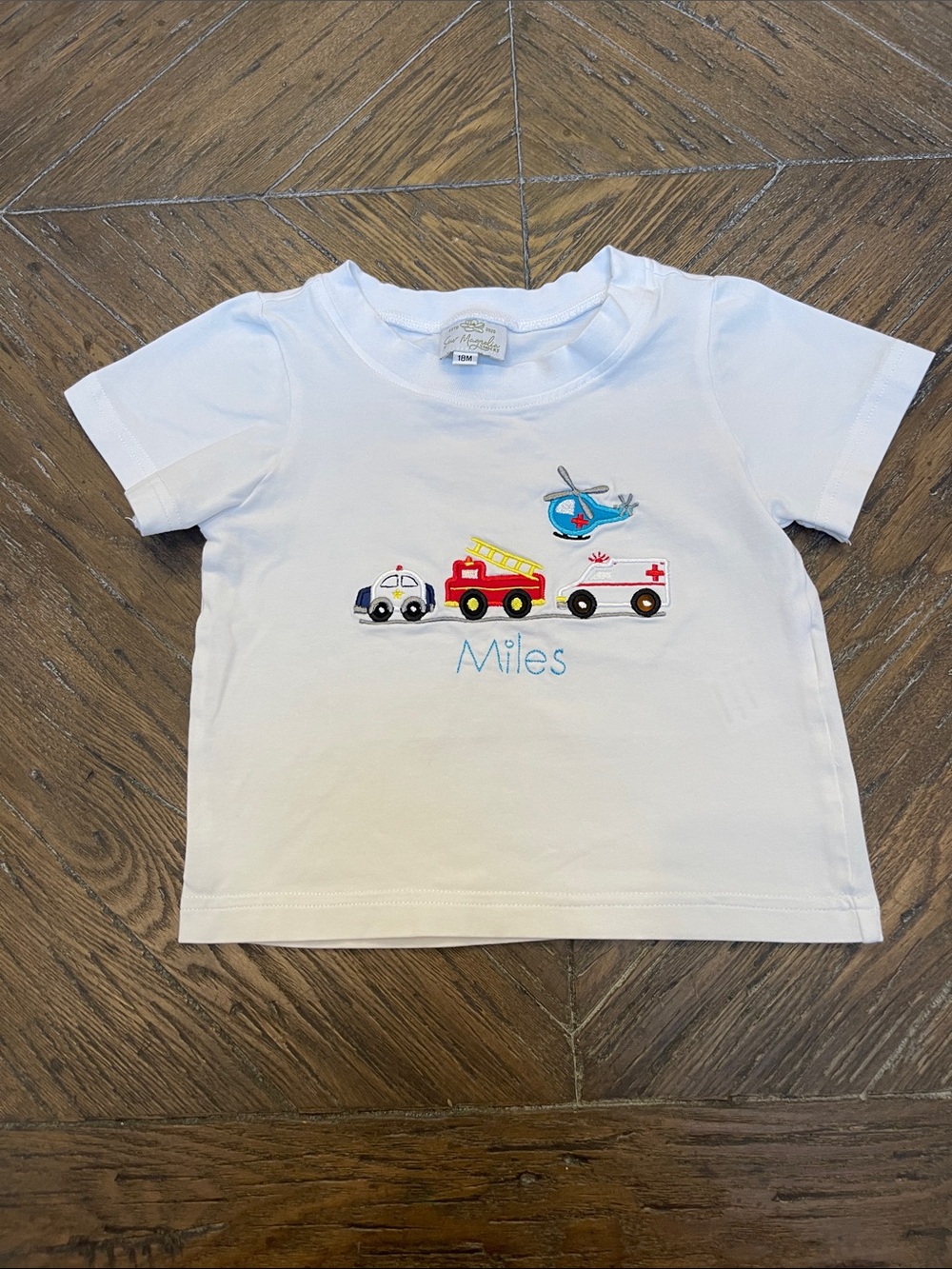 Sew Magnolia Smocks White Kids Tee with Rescue Vehicles Embroidery Miles